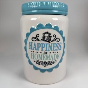 Cracker Barrel Cookie Jar 'Happiness‎ is Homemade' Teal & White 8.5 x5.5" Baking